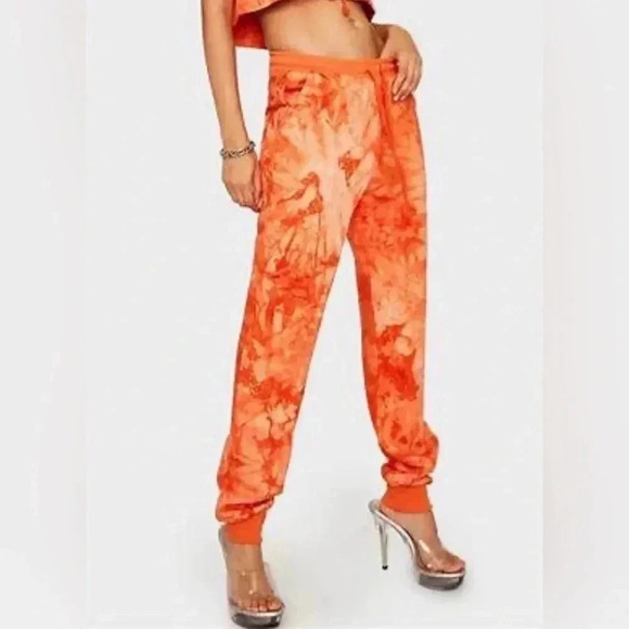 SHEIN Women’s Bridge Orange Tie Dyed Satin-Feel Joggers Workout Track Pants - Picture 3 of 11